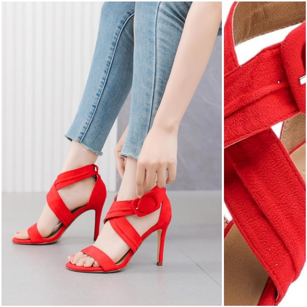 NWT MMbyzhou Cherry Red Suede Strap Open Toe High Heel Stiletto Sandal Shoe 6.5